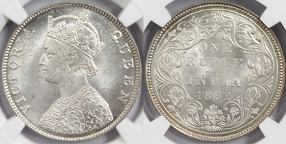 1862 M British India Rupee Coin PCGS MS63