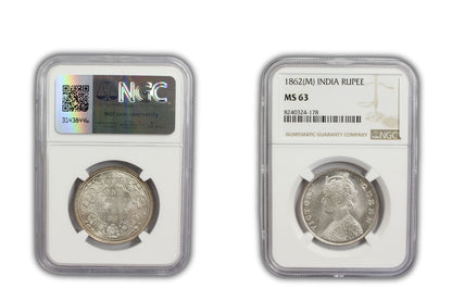 1862 M British India Rupee Coin PCGS MS63