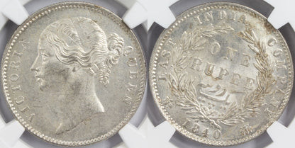 1840 India (C or B) Silver Rupee Coin NGC MS 63