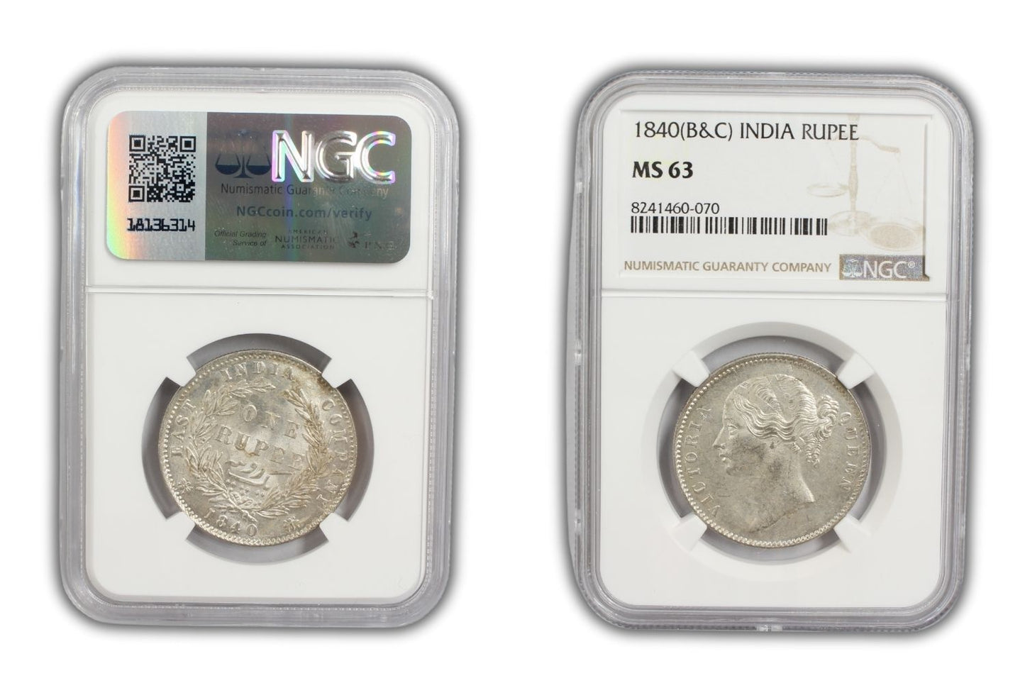 1840 India (C or B) Silver Rupee Coin NGC MS 63