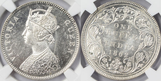 1862 B British India Rupee Coin NGC MS63 Variety 0/5