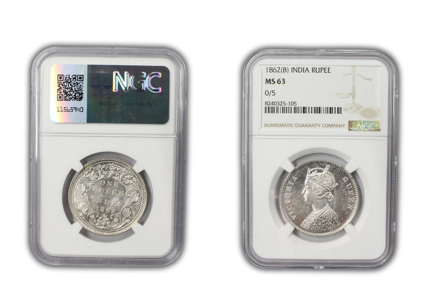1862 B British India Rupee Coin NGC MS63 Variety 0/5