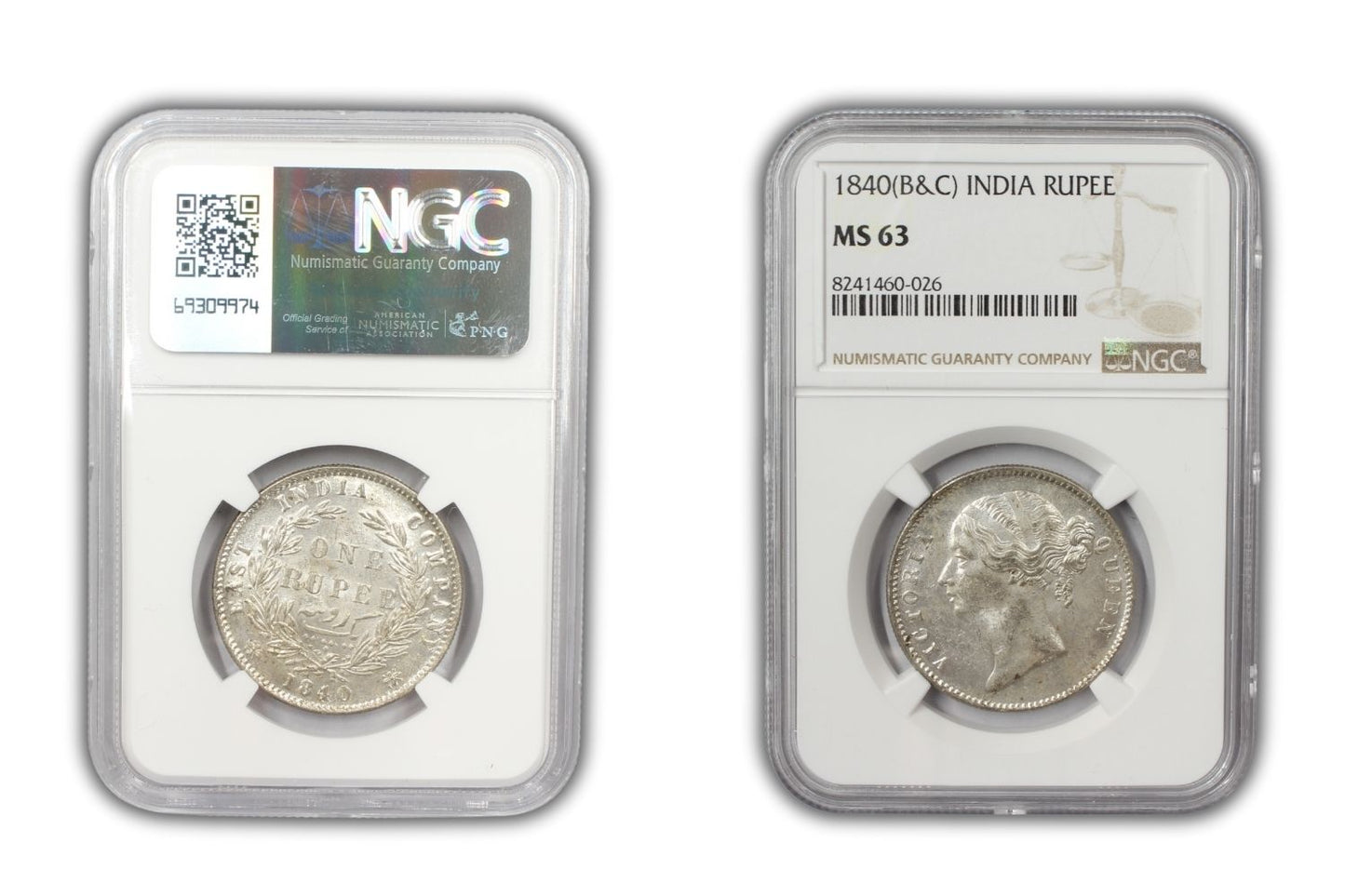 1840 India (C or B) Silver Rupee Coin NGC MS 63