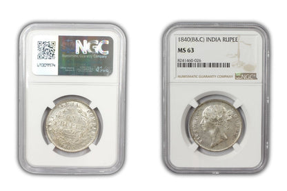 1840 India (C or B) Silver Rupee Coin NGC MS 63
