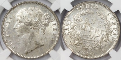 1840 India (C or B) Silver Rupee Coin NGC MS 63