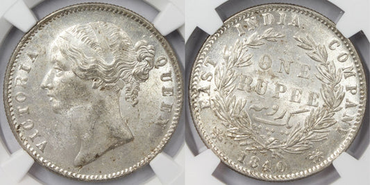1840 India (C or B) Silver Rupee Coin NGC MS 63