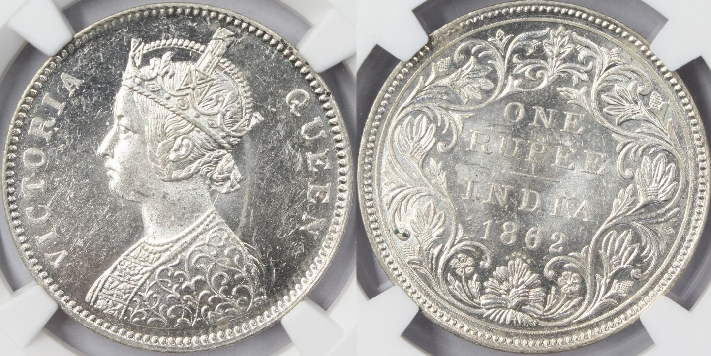 1862 B British India Rupee Coin NGC MS63 Variety 0/5