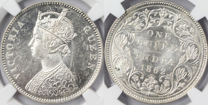 1862 B British India Rupee Coin NGC MS63 Variety 0/5