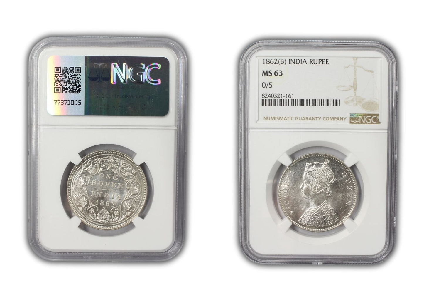 1862 B British India Rupee Coin NGC MS63 Variety 0/5
