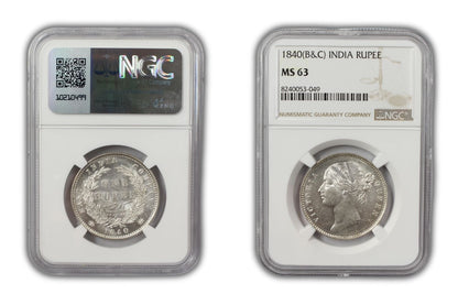 1840 India (C or B) Silver Rupee Coin NGC MS 63