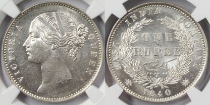 1840 India (C or B) Silver Rupee Coin NGC MS 63