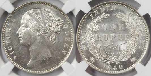 1840 India (C or B) Silver Rupee Coin NGC MS 63