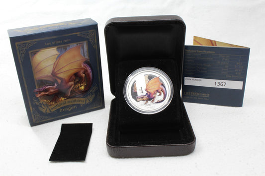 2014 Tuvalu Silver 1 Oz .999 $1 Coin Mythical Creatures Dragon Perth Mint