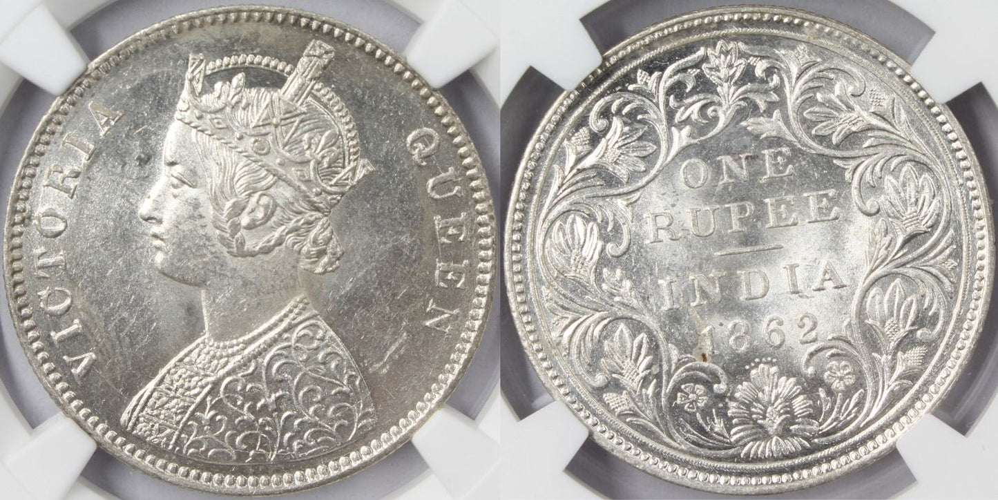 1862 B British India Rupee Coin NGC MS63 Variety 0/6