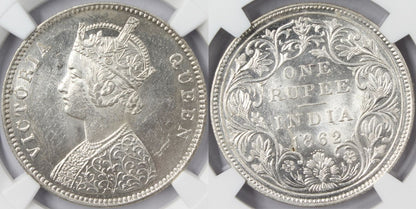 1862 B British India Rupee Coin NGC MS63 Variety 0/6