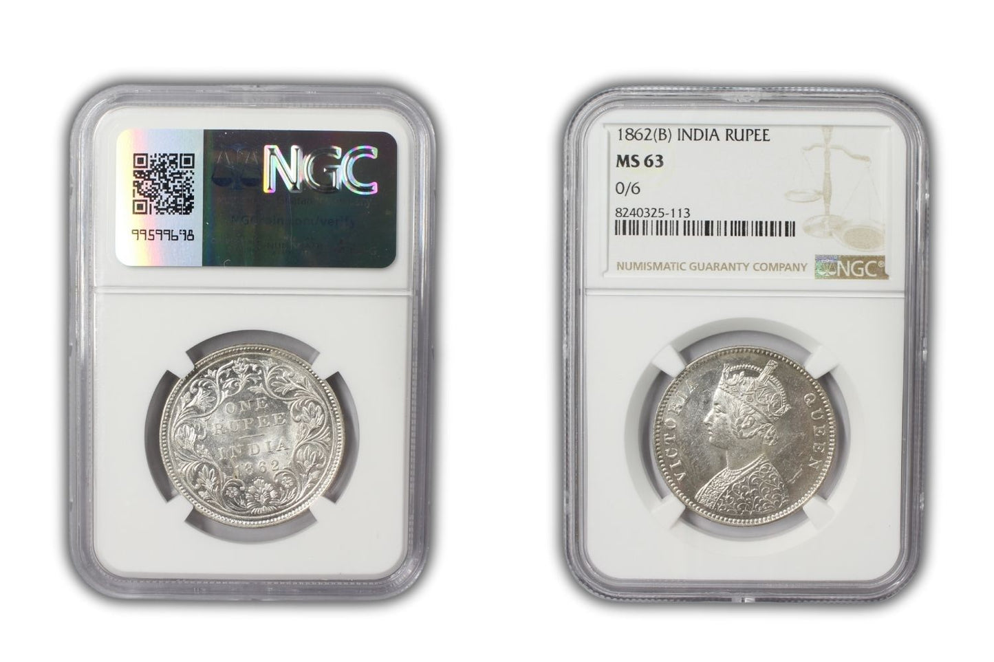 1862 B British India Rupee Coin NGC MS63 Variety 0/6