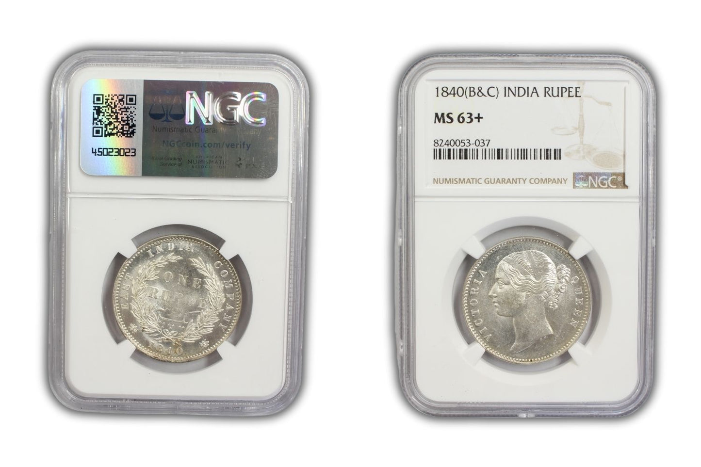 1840 India (C or B) Silver Rupee Coin NGC MS 63+