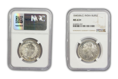 1840 India (C or B) Silver Rupee Coin NGC MS 63+