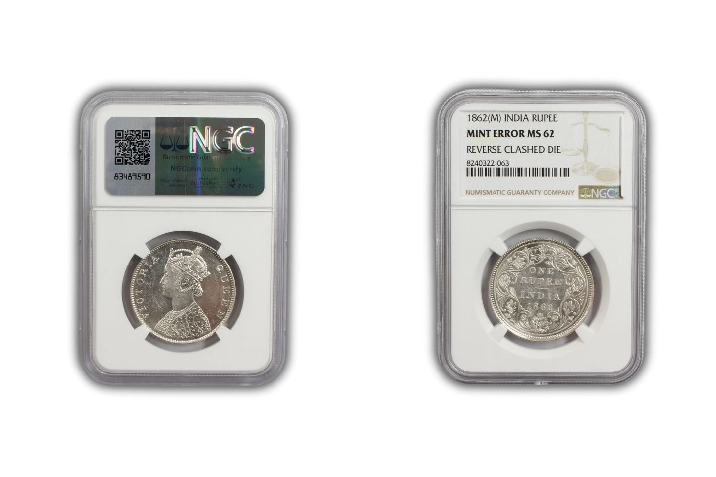 1862 M British India Rupee MINT ERROR Coin NGC MS62