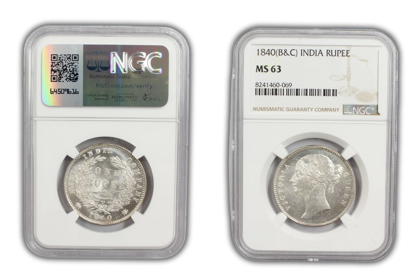 1840 India (C or B) Silver Rupee Coin NGC MS 63