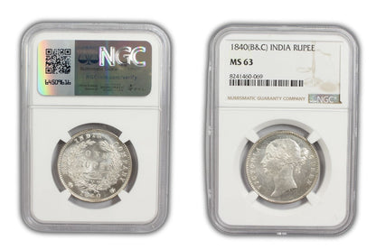 1840 India (C or B) Silver Rupee Coin NGC MS 63