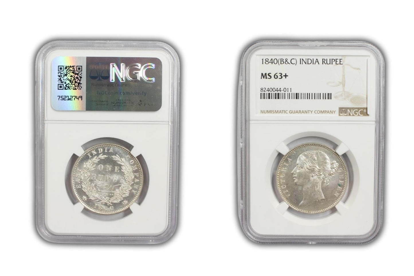 1840 India (C or B) Silver Rupee Coin NGC MS 63+