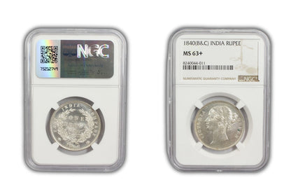 1840 India (C or B) Silver Rupee Coin NGC MS 63+