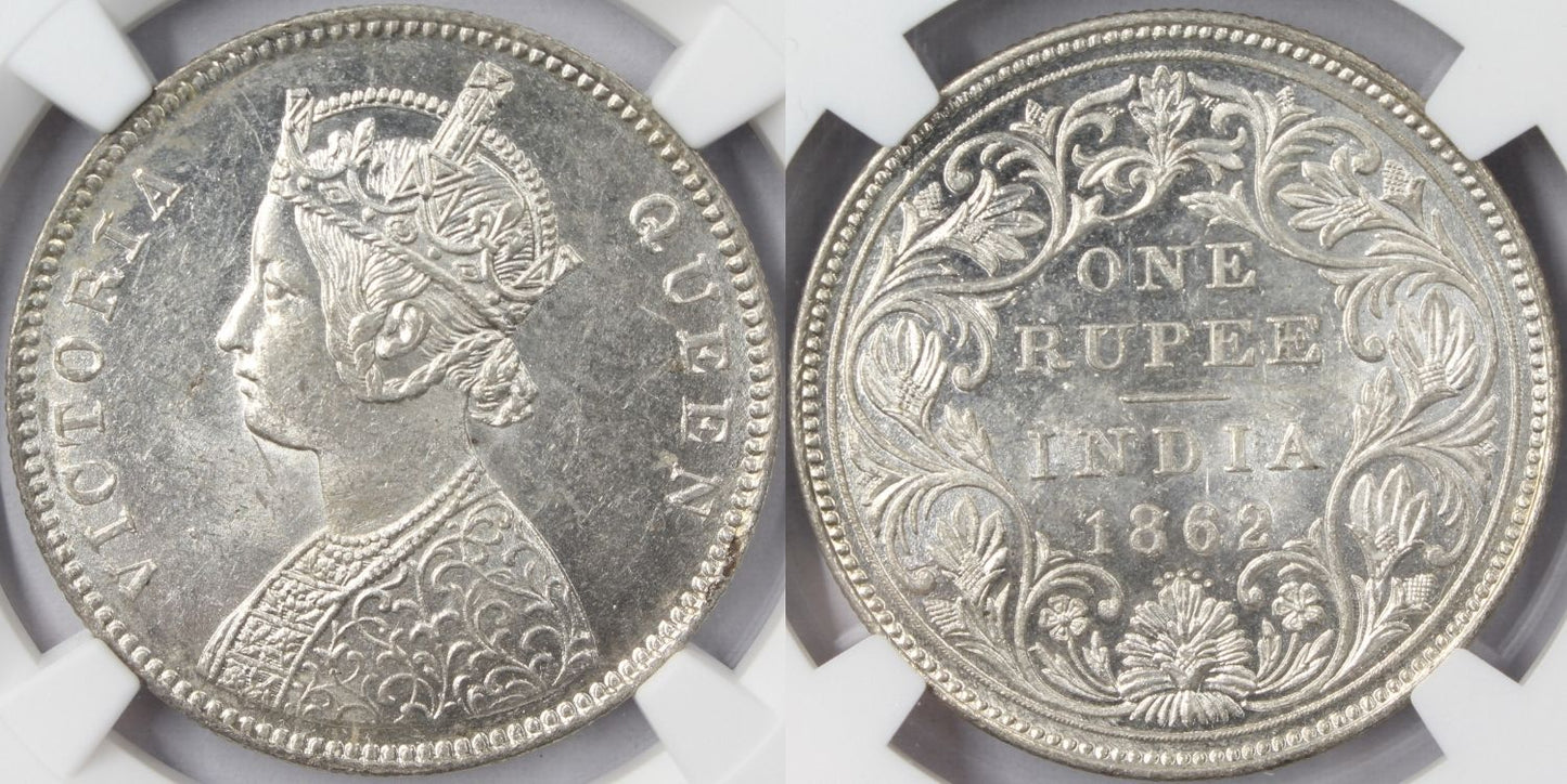 1862 B British India Rupee Coin NGC MS63 Variety 0/5