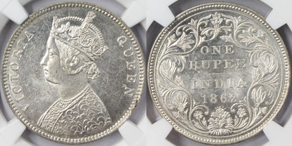 1862 B British India Rupee Coin NGC MS63 Variety 0/5