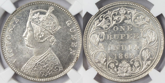 1862 B British India Rupee Coin NGC MS63 Variety 0/5