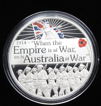 2014 ANZAC SPIRIT 100TH ANNIVERSARY EMPIRE AT WAR 1 OZ SILVER PROOF COIN.