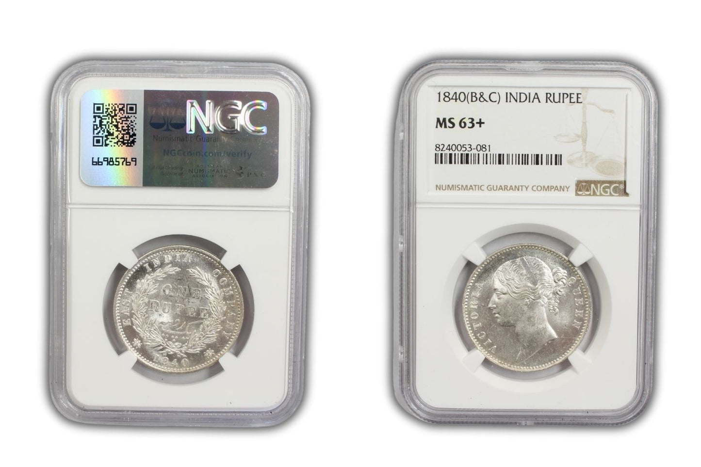 1840 India (C or B) Silver Rupee Coin NGC MS 63+