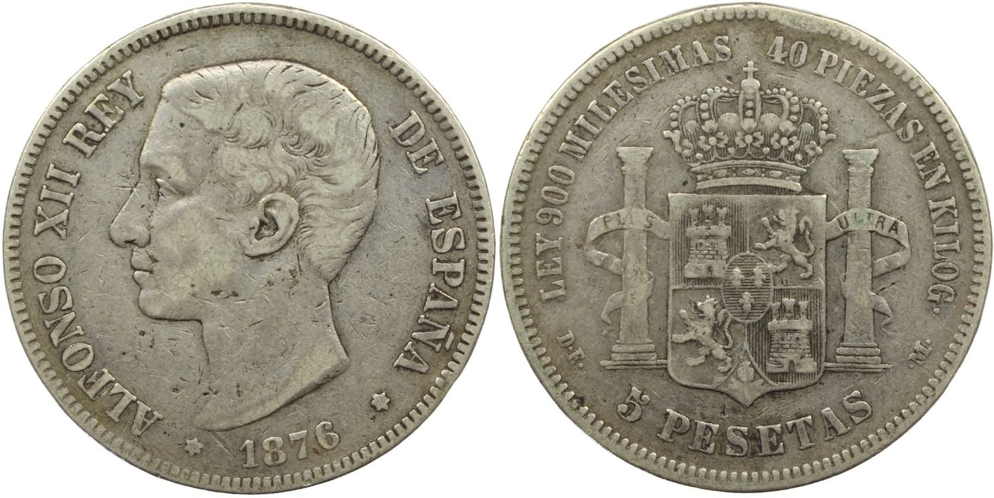 1876 Spain Silver 5 Pesetas Alfonso XII Coin gF Details