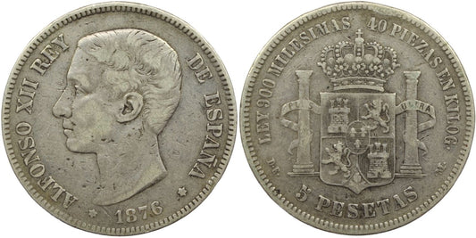 1876 Spain Silver 5 Pesetas Alfonso XII Coin gF Details