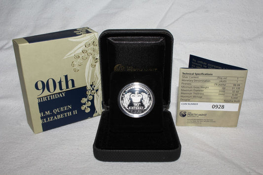 Australia 2016 Silver 1 Oz 90th Anniversary Birthday $1 High Relief Coin