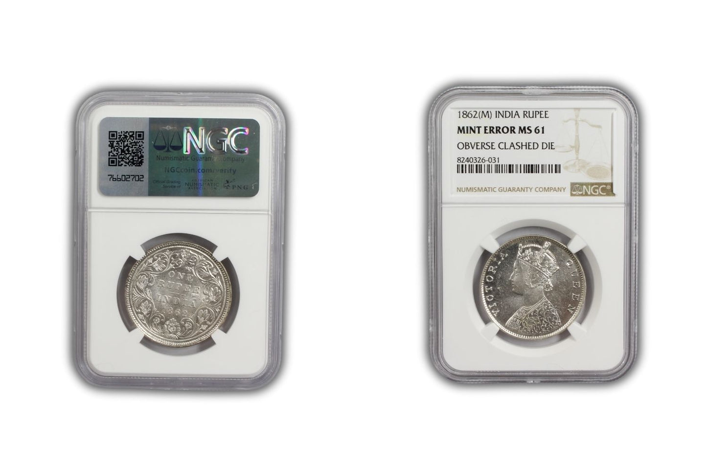 1862 M British India Rupee MINT ERROR Coin NGC MS61