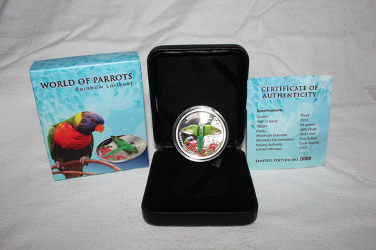 2015 Cook Islands $5 Silver .925 Proof World of Parrots Rainbow Lorikeet Coin