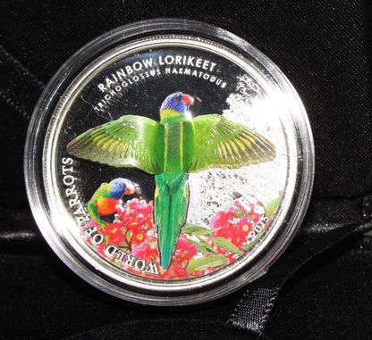 2015 Cook Islands $5 Silver .925 Proof World of Parrots Rainbow Lorikeet Coin