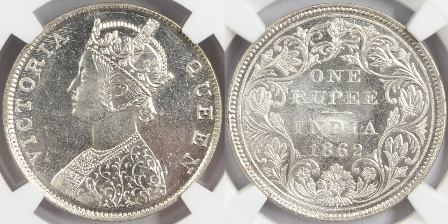 1862 M British India Rupee MINT ERROR Coin NGC MS63