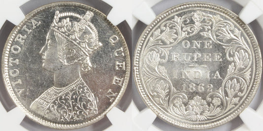 1862 M British India Rupee MINT ERROR Coin NGC MS63