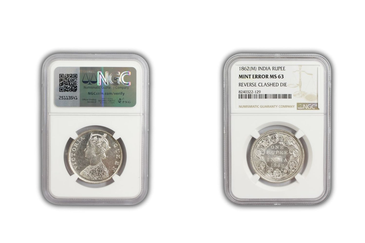 1862 M British India Rupee MINT ERROR Coin NGC MS63