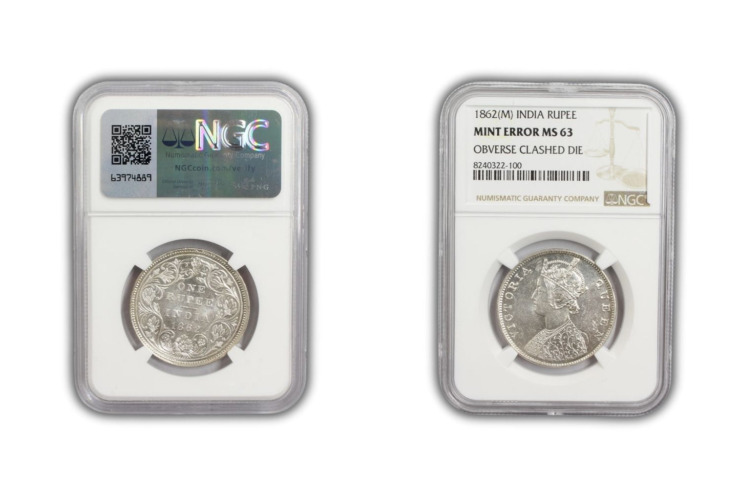 1862 M British India Rupee MINT ERROR Coin NGC MS63