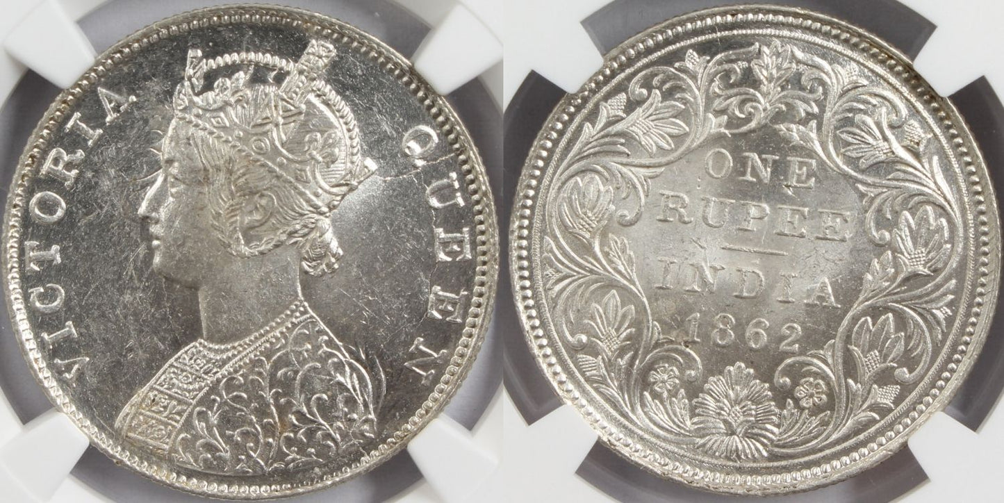 1862 M British India Rupee MINT ERROR Coin NGC MS62