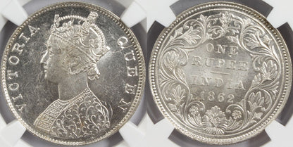 1862 M British India Rupee MINT ERROR Coin NGC MS62