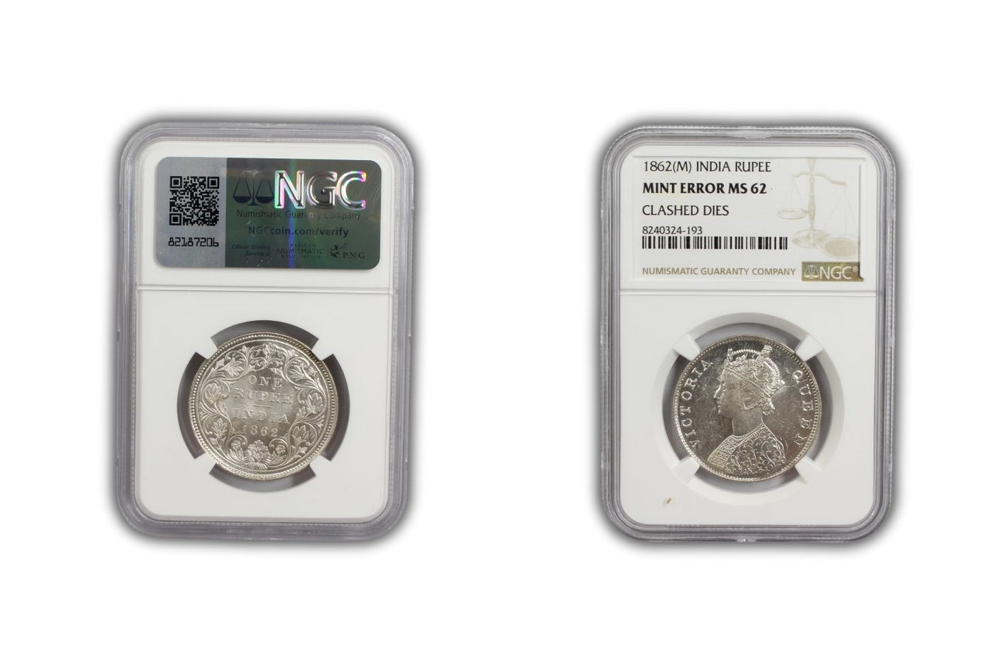 1862 M British India Rupee MINT ERROR Coin NGC MS62