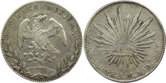 Mexico 1892 Silver Cap & Rays 8 Reales Coin Mexico Mint gF Details