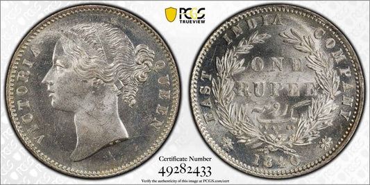 1840 India (C or B) Silver Rupee Coin PCGS MS 63