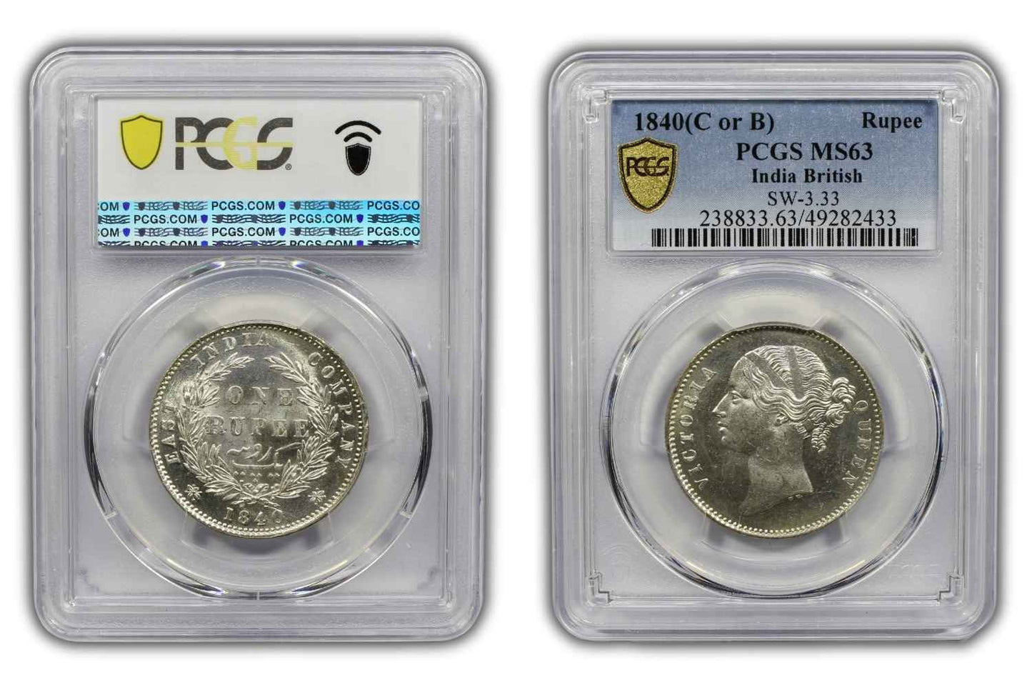 1840 India (C or B) Silver Rupee Coin PCGS MS 63