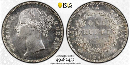 1840 India (C or B) Silver Rupee Coin PCGS MS 63