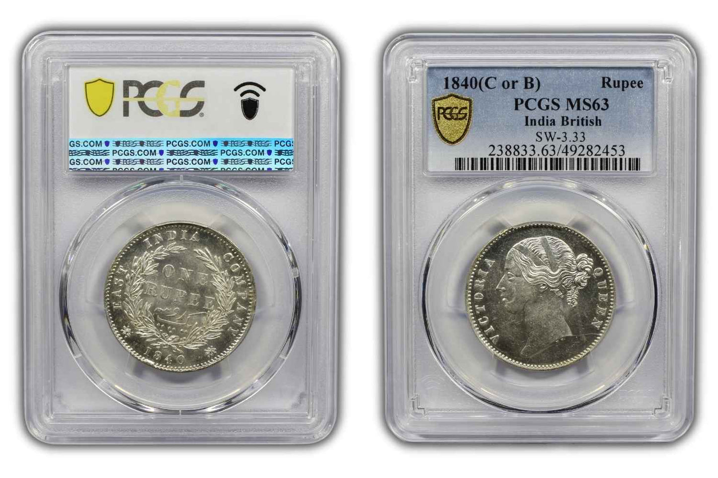 1840 India (C or B) Silver Rupee Coin PCGS MS 63